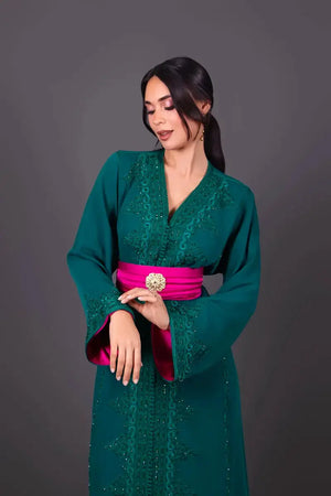 kaftan femme marocaine vert et rose