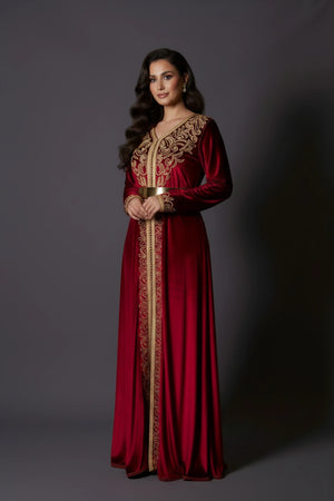 Kaftan marocain en velours rouge bordeau Paytone