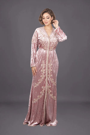 Caftan velours rose fleurs MODE & CAFTAN