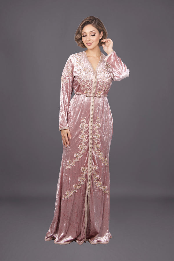 Caftan velours rose fleurs MODE & CAFTAN