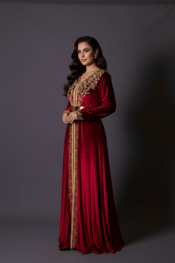 Kaftan marocain en velours rouge bordeau Paytone