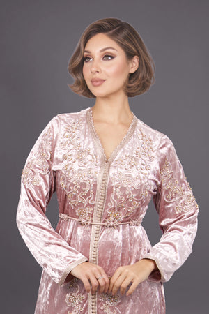 Caftan velours rose fleurs MODE & CAFTAN