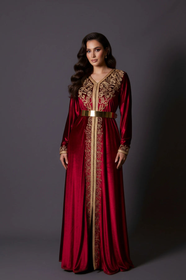 Kaftan marocain en velours rouge bordeau Paytone