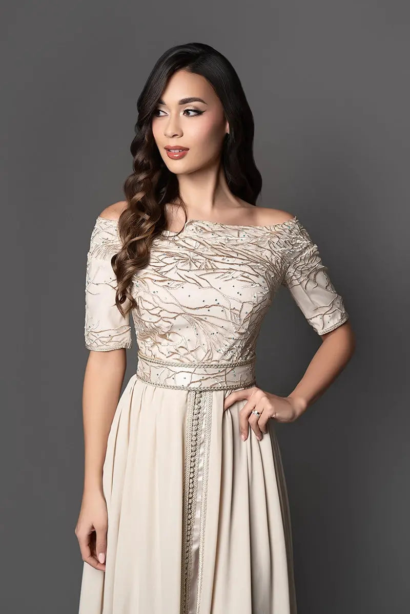 beige kaftan dress with boat neck, short sleeves, chiffon and lace