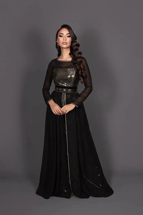 robe caftan marocain avec col bateau manches longues transparentes 