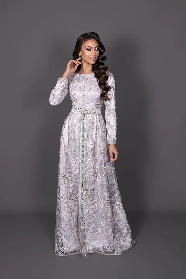 Vestido musulmán de encaje de manga larga para boda musulmana