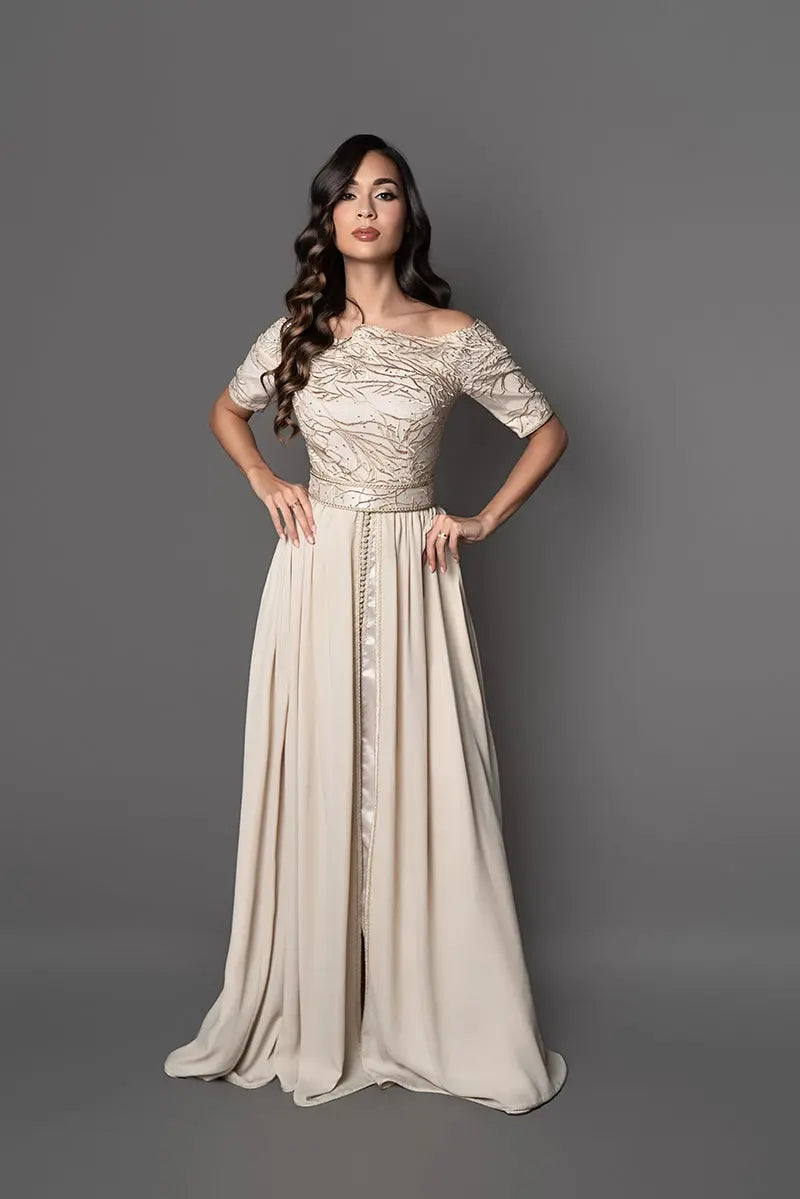 beige kaftan dress with boat neck, short sleeves, chiffon and lace