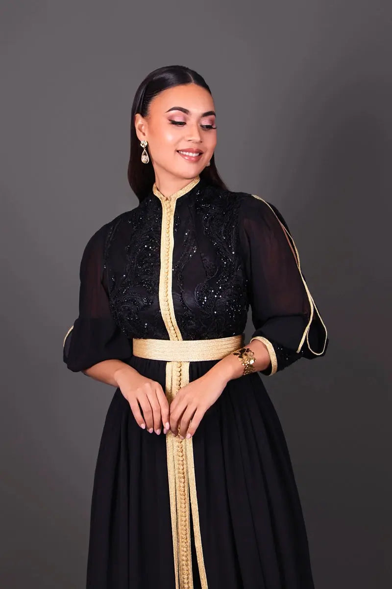 modern Moroccan kaftan in black lace, chiffon, and crepe