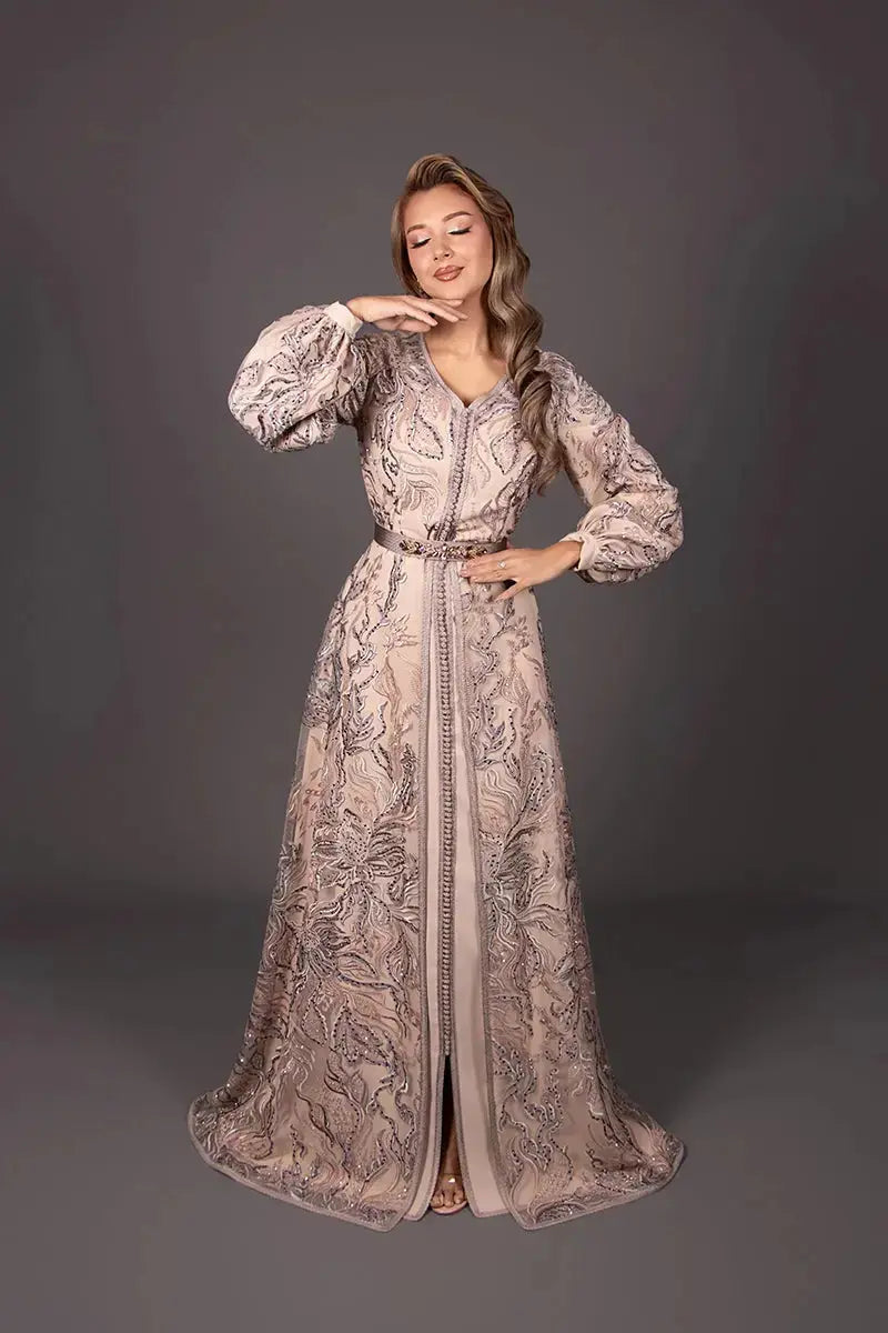 Luxury lace kaftan with puff sleeves for a grand wedding, delivery