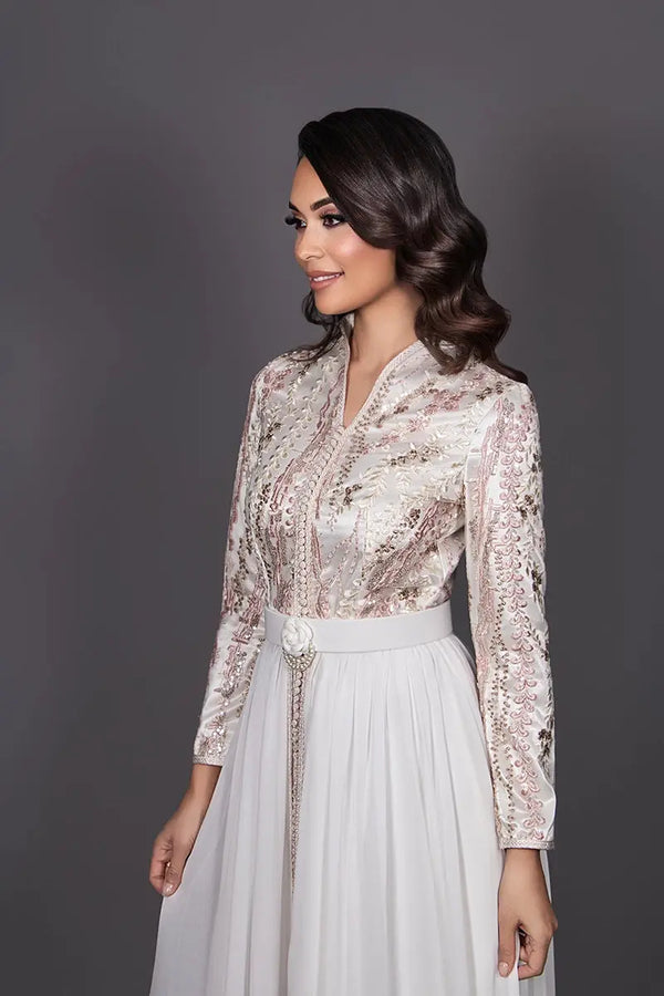 Pink and ecru lace Moroccan kaftan dress