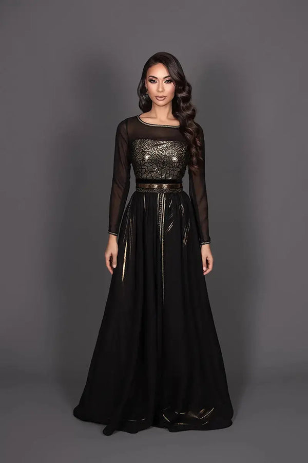 robe caftan moderne noire et or, style soirée magnifique pour mariage mixte 