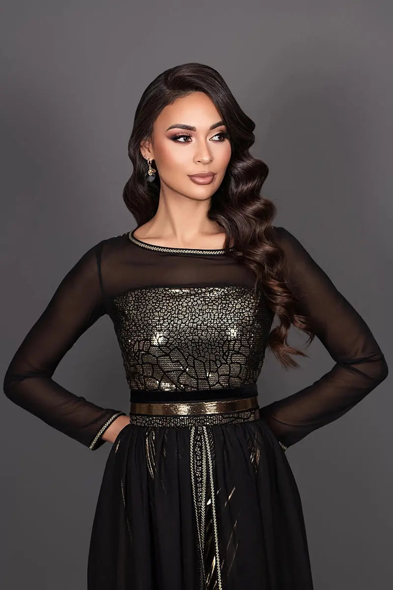 Modern Moroccan black and gold boat-neck kaftan