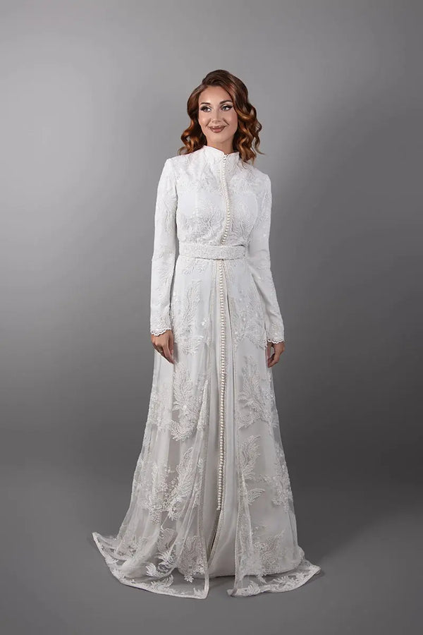 robe caftan femme voilée modeste dentelle écru blanc haut de gamme 