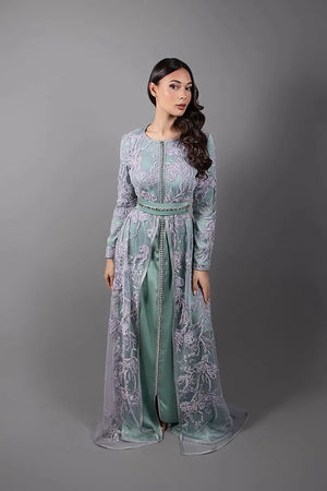 Fashionable modest kaftan dress in mauve lace and green silk drape