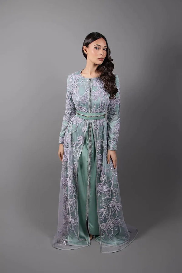 Fashionable modest kaftan dress in mauve lace and green silk drape