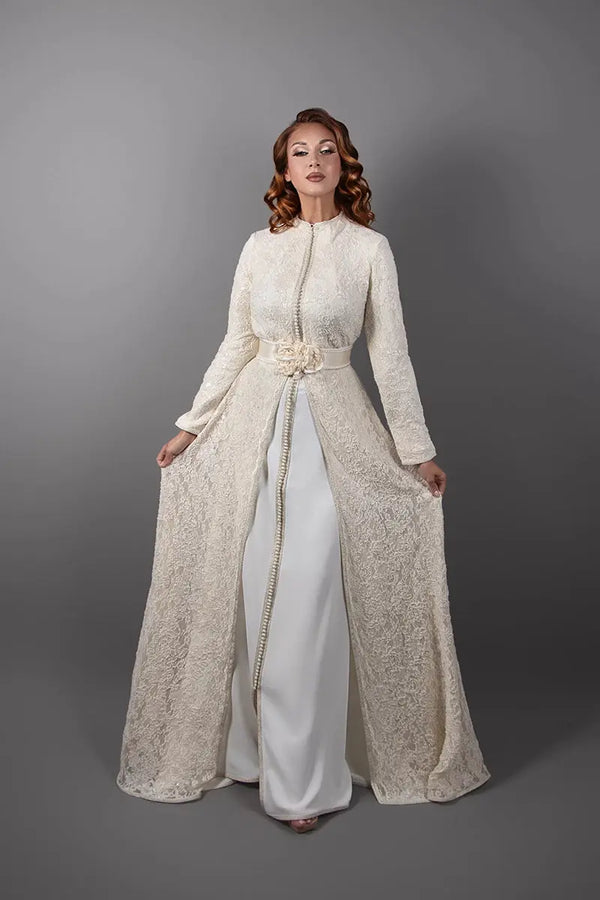 vestido caftán musulmán de encaje refinado para boda y ceremonia