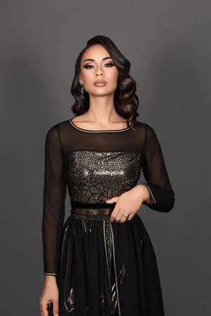 Robe caftan marocaine originale col bateau avec mousseline, et lamé