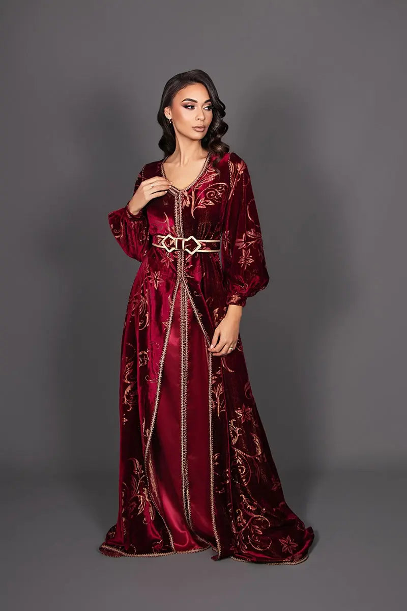 Burgundy velvet and silk satin caftan with semi-puffed sleeves