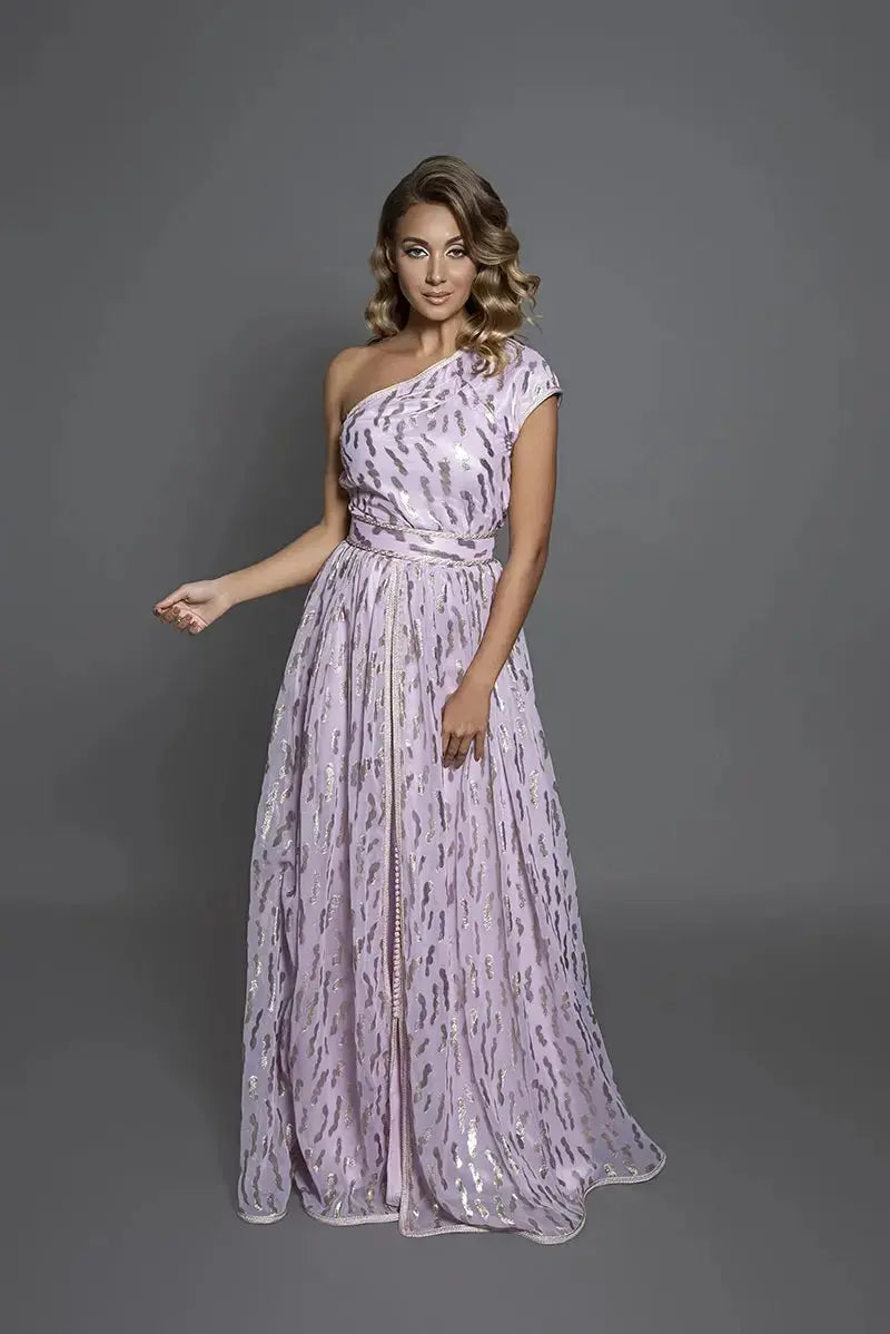 robe marocaine col assymetrique rose et or 