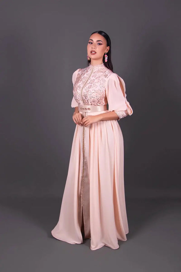 robe orientale en brocard saumon avec manches tulipes 