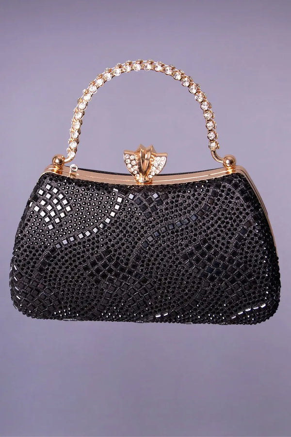 Black and gold rigid evening bag for a black Moroccan kaftan