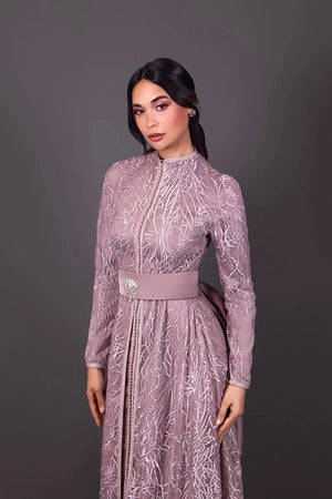 takchita marocain col officier dentelle rose brown