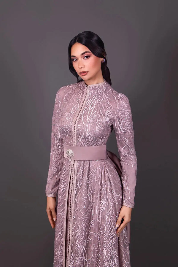 takchita marocain col officier dentelle rose brown