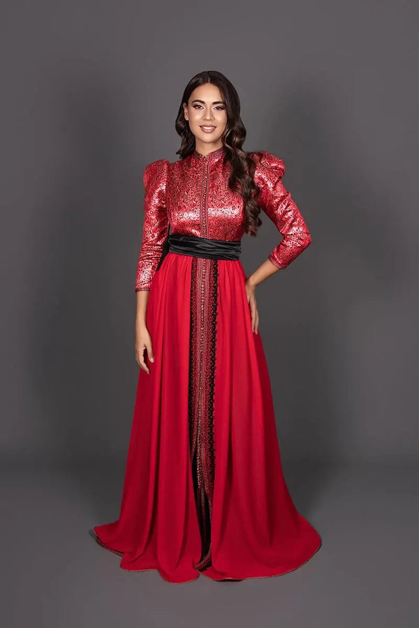 takchita marocaine manches bouffantes en brocard rouge et noir