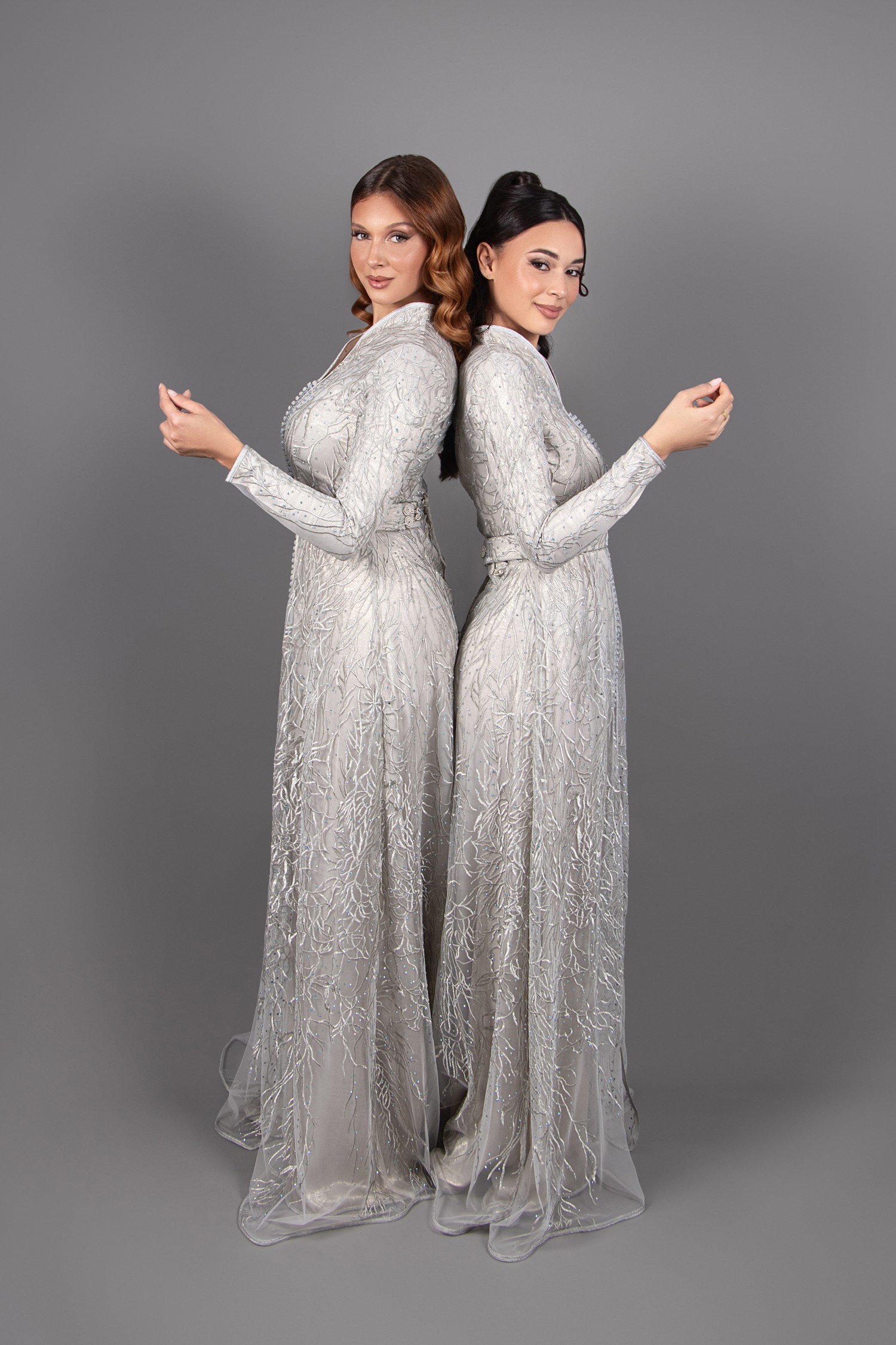 Bust-fitted wedding caftan with high lace collar in silver gray Size 6 UK /  4 US